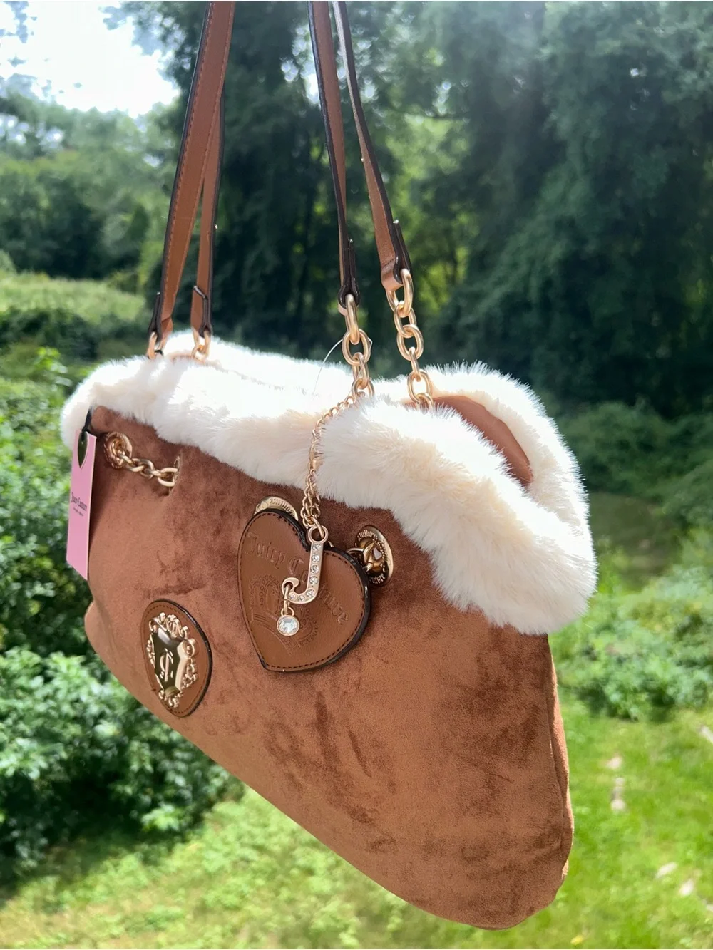 NEW! JUICY COUTURE Faux Sherpa Suede Glamour Gang Satchel Cinnamon Brown
